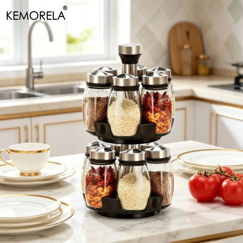 Upgraded Spice Jar Glass Storage Rack Rotating Glass Seasoning Jar Holder Sugar Pepper and Salt Shaker Rack Kitchen Storage Rack