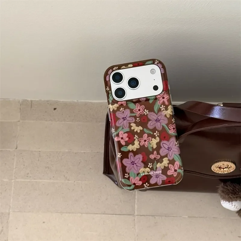 Double Layered Retro Brown Base Oil Painting With Flowers Phone Case For iPhone 17 Air 16 15 14 Pro Max 13 Anti Scratch Ins Y2K