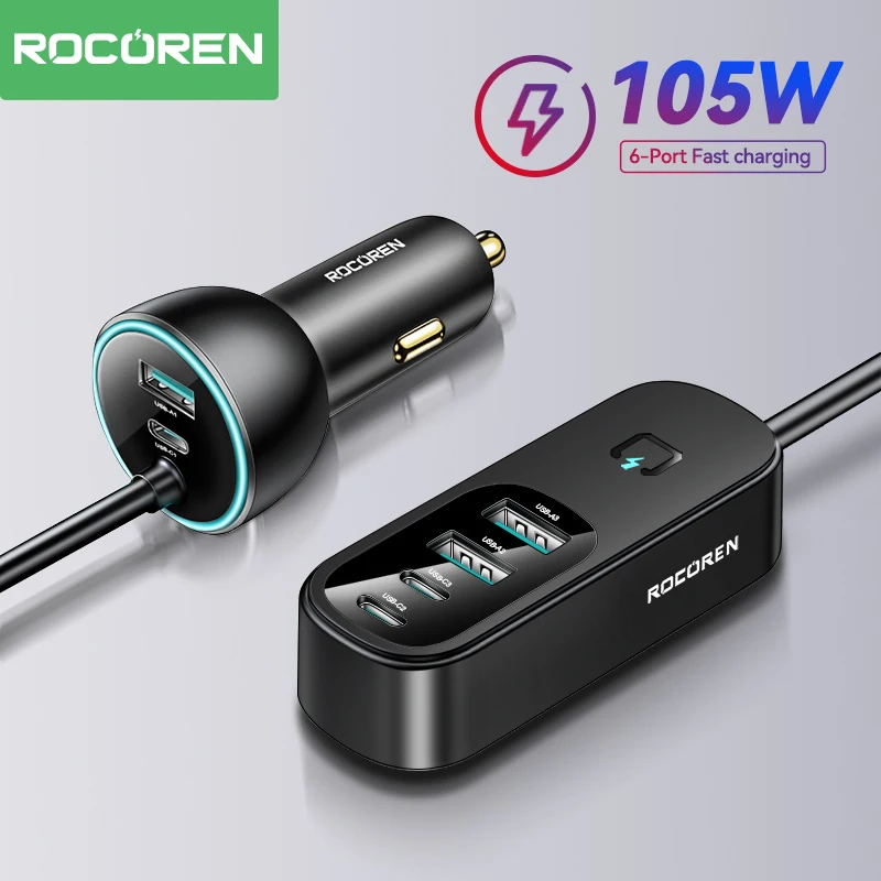 Rocoren 105W Multi 6 Ports Car Charger Back Seat Fast Charging USB Type C Backseat Power Adapter Quick Charger For iPhone 15 Pro