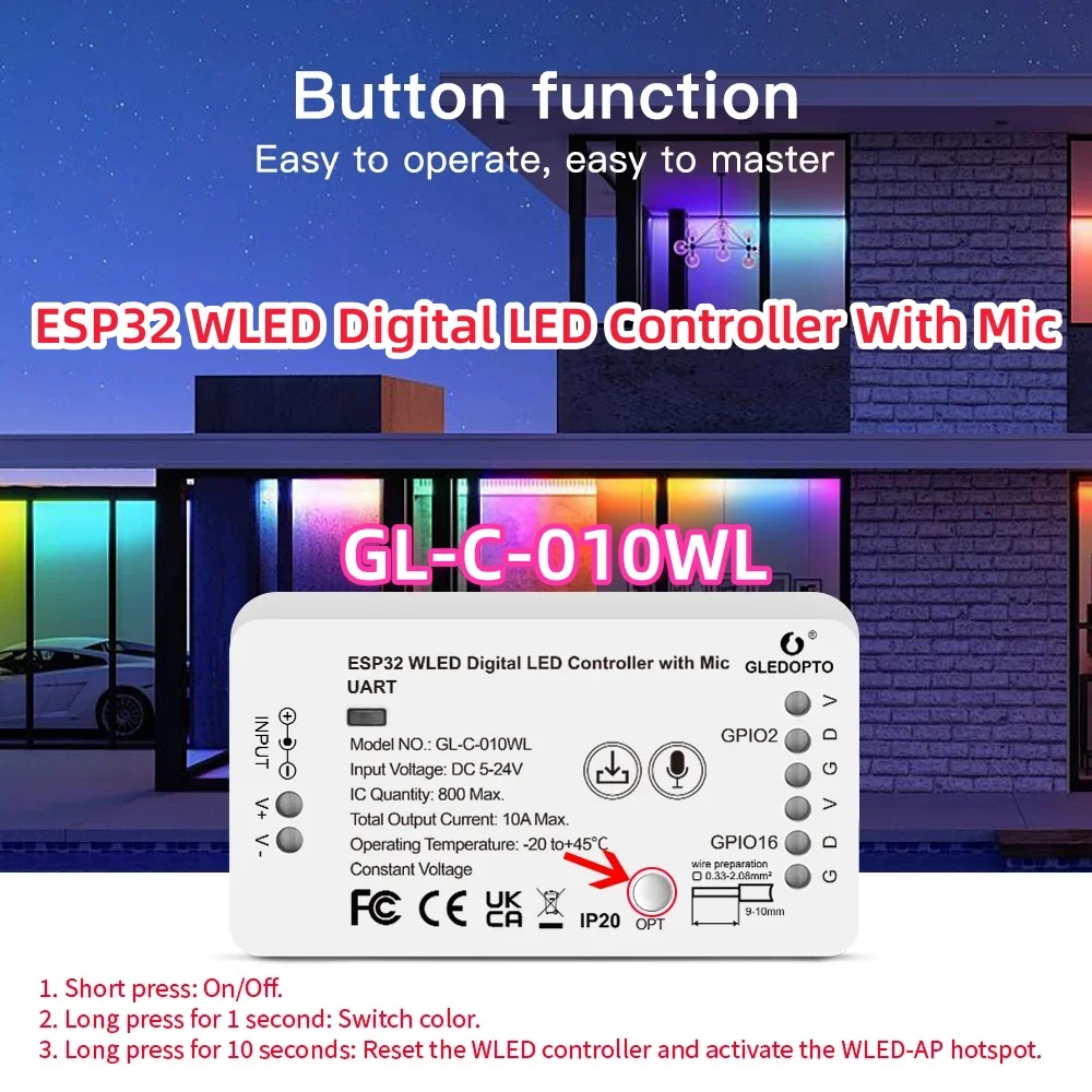 GL-C-010WL ESP32 WLED LED Controller With Mic DIY Music Dynamic Modes For WS2811/2812 SK6812 TM1814 WS2813/2815 Led Strip Lights