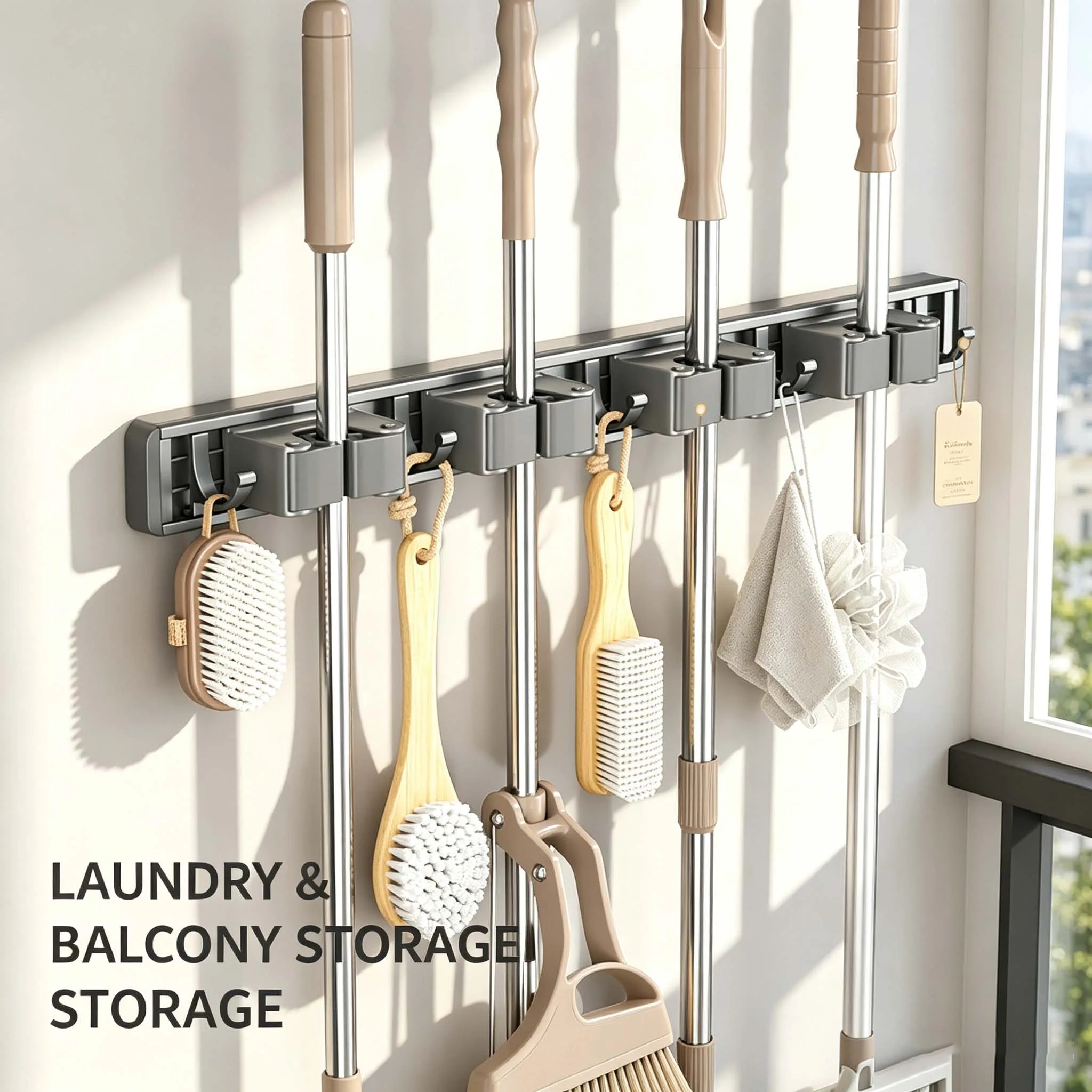 Wall Mounted Mop Holder Punch Free Broom Gripper Hooks Household Bathroom Cleaning Tool Rack Heavy Duty Self Adhesive Stainless Steel Organizer Kitchen Garage Garden Mop Rake Hanger Stand Home Care Kit Set Plus Pro Safe Fast Easy Daily Life Best Top Pure - view 4