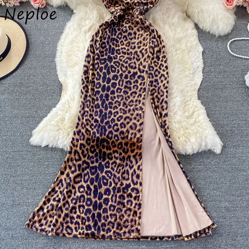 Neploe Hepburn Style Temperament Femme Robe Sexy Leopard Print Suspenders Dress Backless Slit Hip Package Long Sling Vestidos