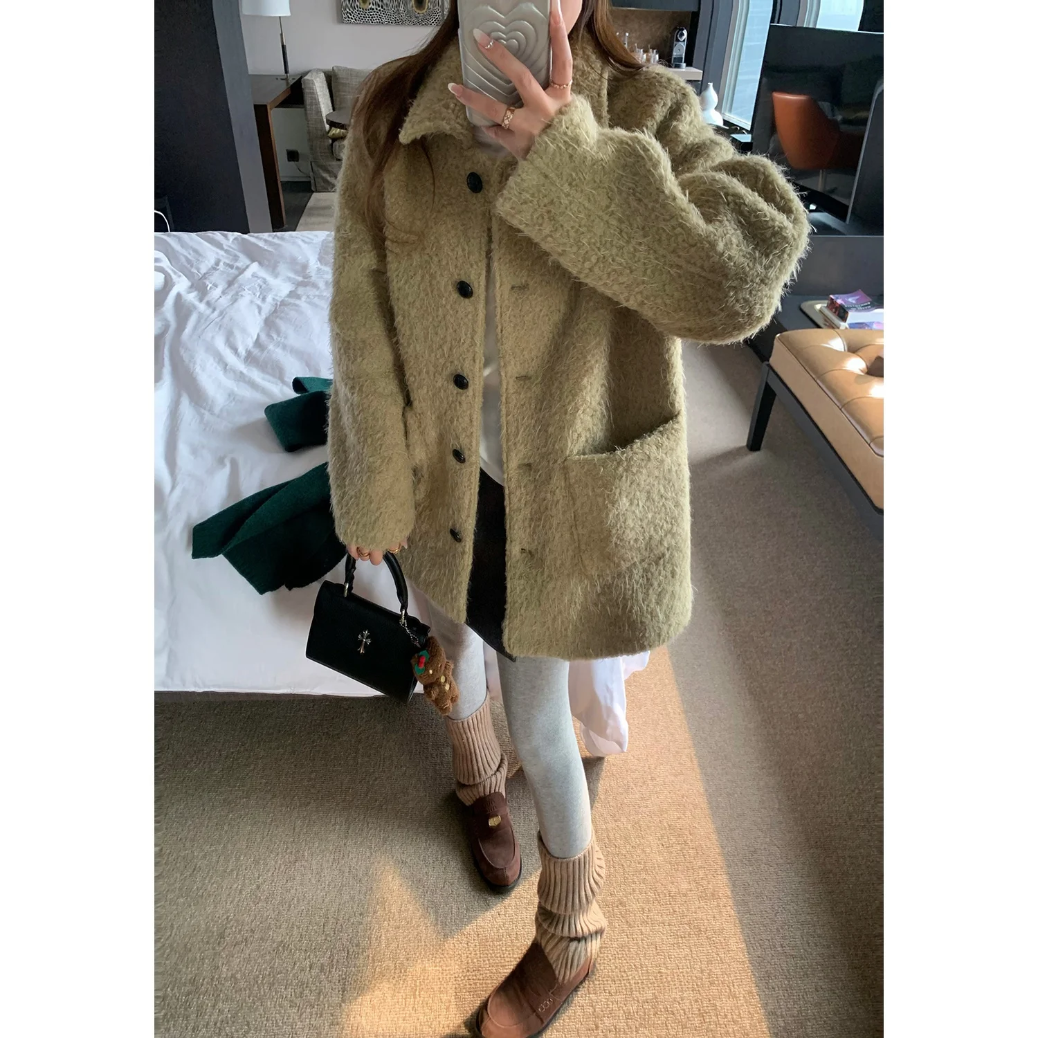 

Y Studio een Khaki Woolen Coat 2025 Autumn Winter Women Loose Retro Versatile Mid-Length Jaet Faionable All-Season Ou...