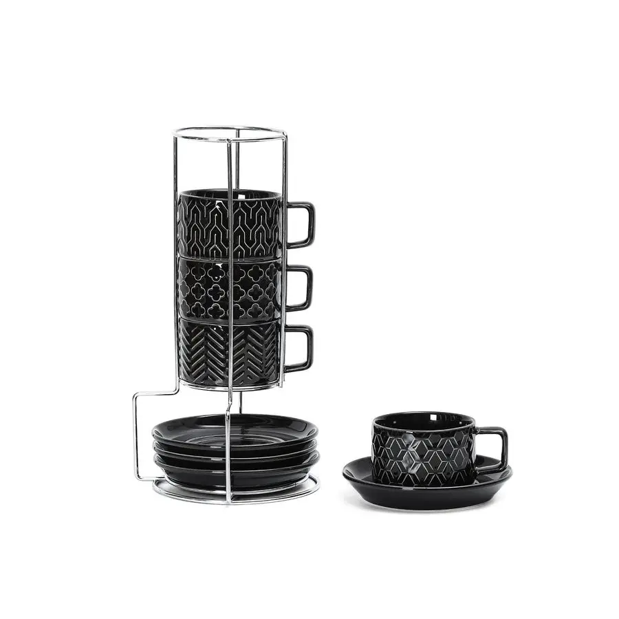 

Керамические чашки для эспрессо на 4 унции. Набор из 4 штабелируемых чашек Demitasse с металлической подставкой для блюдец, кофейных чашек для латте, чая, D대