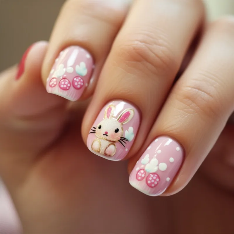 24pcs Easter Cute Bunny Adhesive False Nails Pink Press on Nails with Design Short Square Wear Nail with Charms Removable 2025