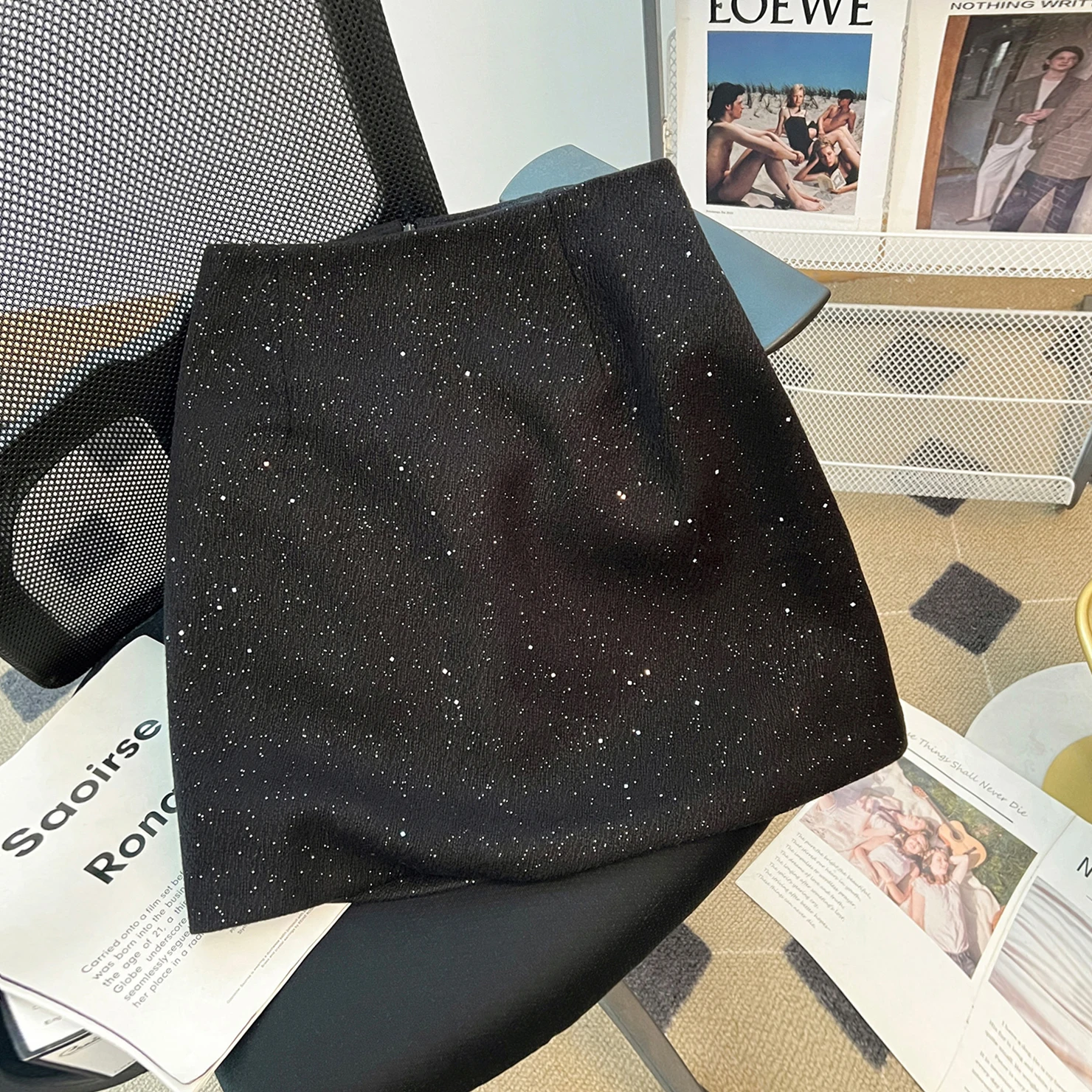 

Шерстяная юбка с пайетками и высокой талией, женская, осенне-зимняя, новая, А-силуэт, для офиса, юбка-карандаш