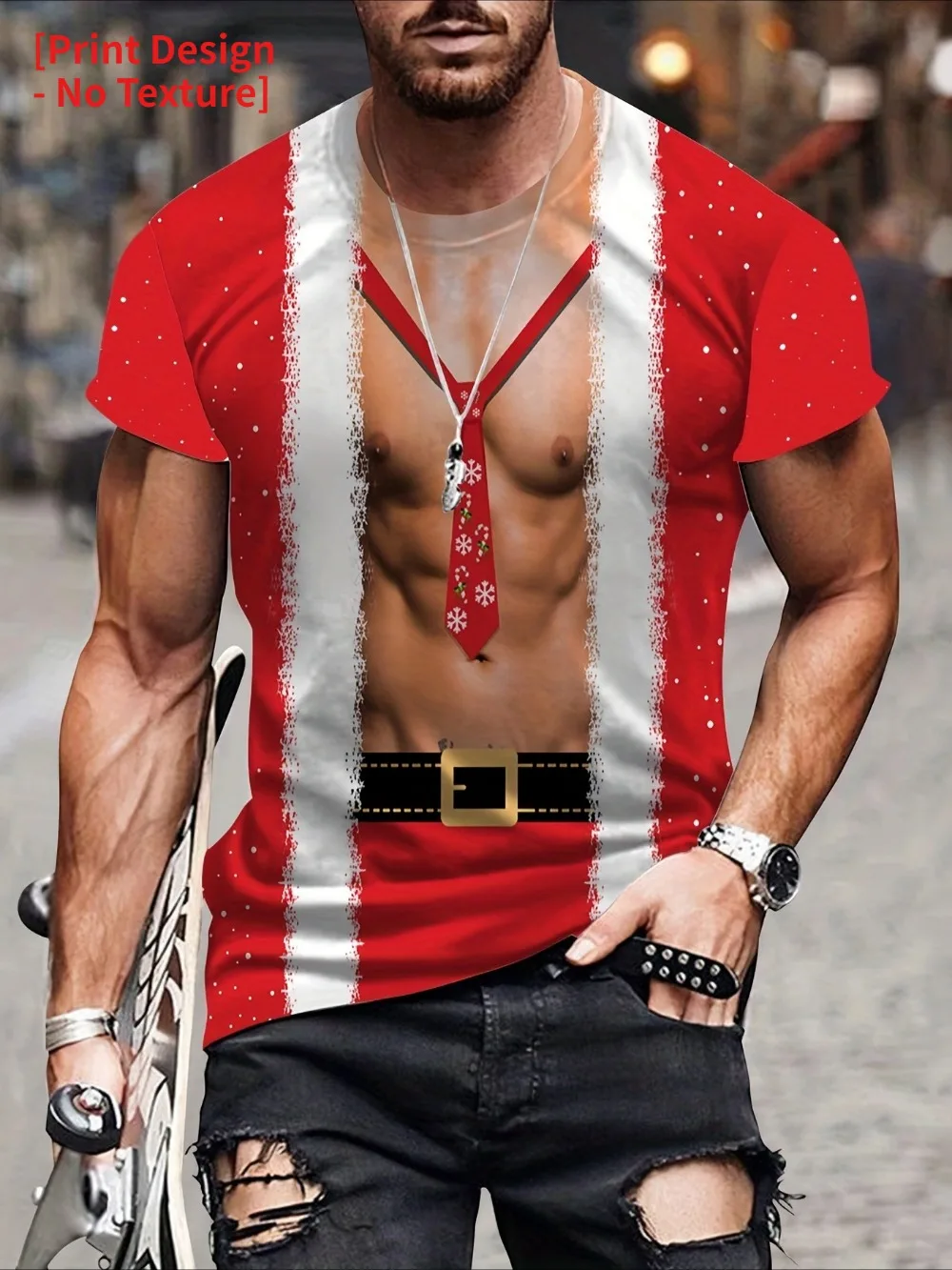 Christmas Simulation Muscle Fake Tie Pattern 3D Printed Men T-shirt Breathable Leisure Quick-dry Outdoor Street Sports Clothing