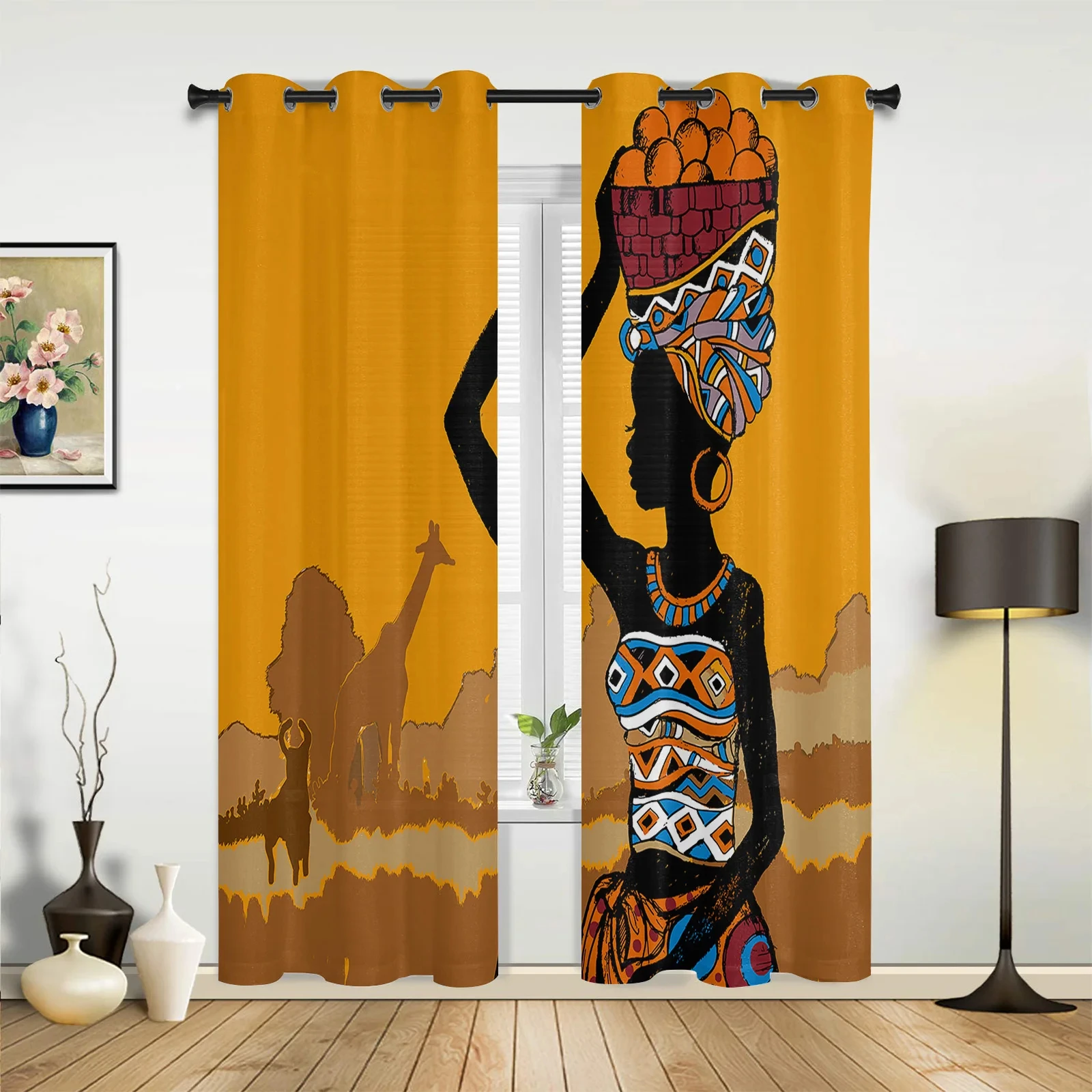 

African Woman Yoga Vase Silhouette White Curtains for Bedroom Living Room Drapes Kitchen Children Window Curtain Home Decor