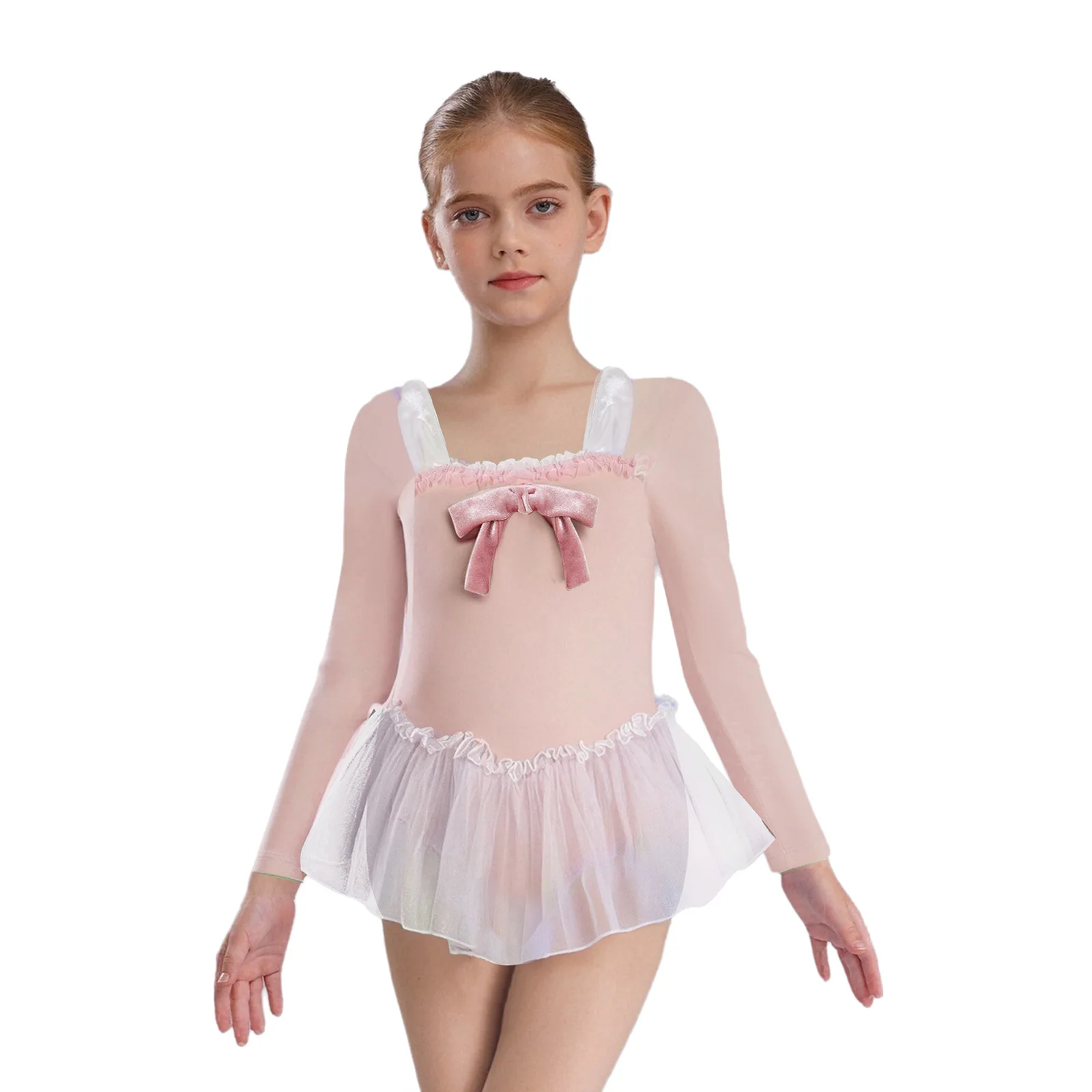 

Kids Girls Ballet Warm-up Dance Dress Long Sleeve Rabbit Ears Bowknot Tutu Ballet Dance Dress for Practice Performance Costumes