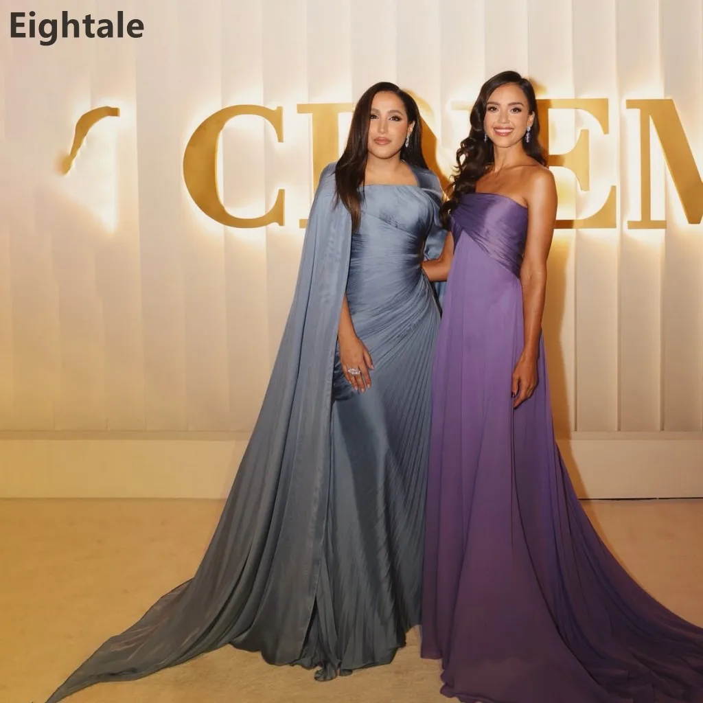 

Eightale 2025 Dusty Blue Silk Maxi Evening Dress With Cape Formal Prom Dress Dubai Wedding Party Gown Customized