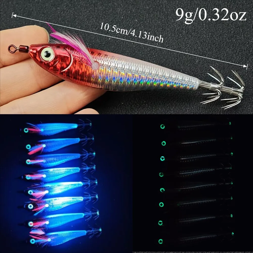 14 Stück Garnelenköder, leuchtender Tintenfisch-Jig, 10 cm/9 g, Garnelen-Angelköder, Haken, Garnelen- und Krabbenköder, Tintenfisch-Angelzubehör, Garnelen.