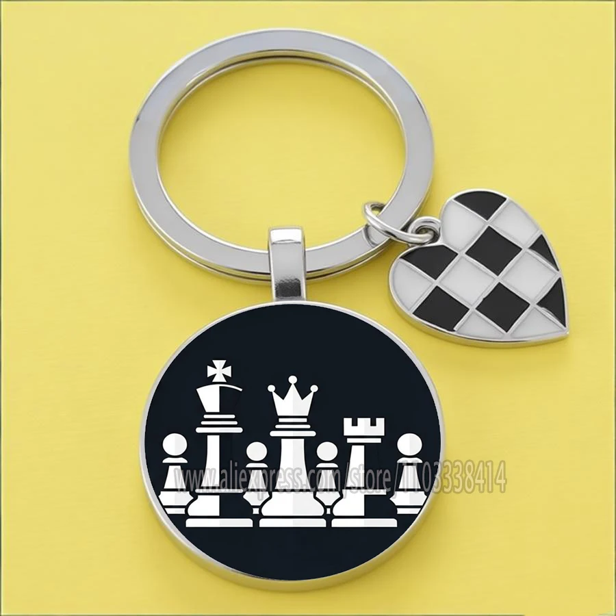 I Love Chess Key Chain Chess King Queen Rook Knight Pawn Bishop Creative Pattern Glass Keychain Jewelry Gift Wholesale