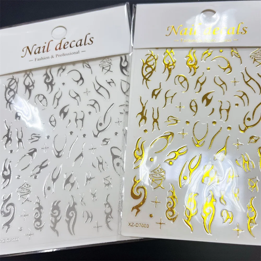 

1pc Gold Silver Cool Totem Vines Nail Art Stickers Y2K Punk Gothic Flame Nail Sliders Irregular Lines Babes Stripes Nail Supply*