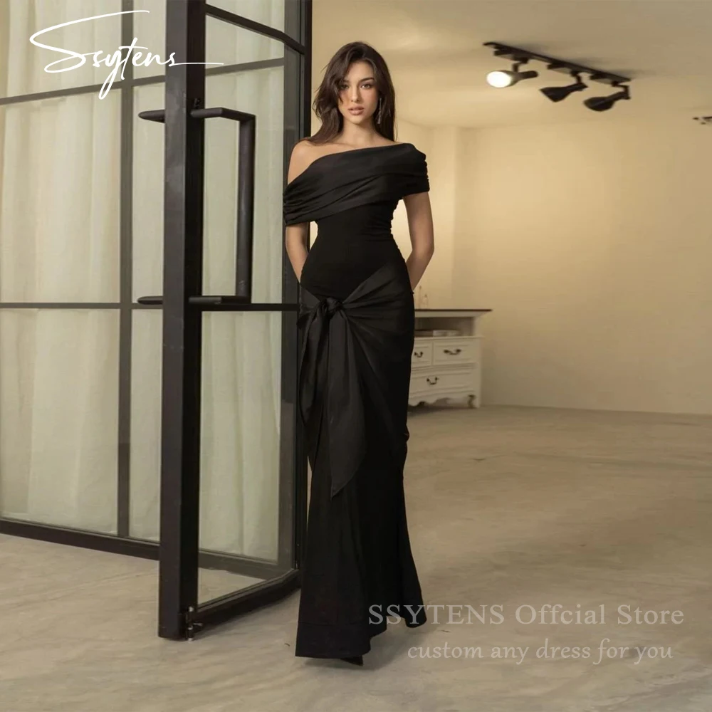 

SSYTENS Simple Black Evening Dresses Strapless Satin Formal occasion Dress One Shoulder Mermaid Wedding Prom Gowns Customized
