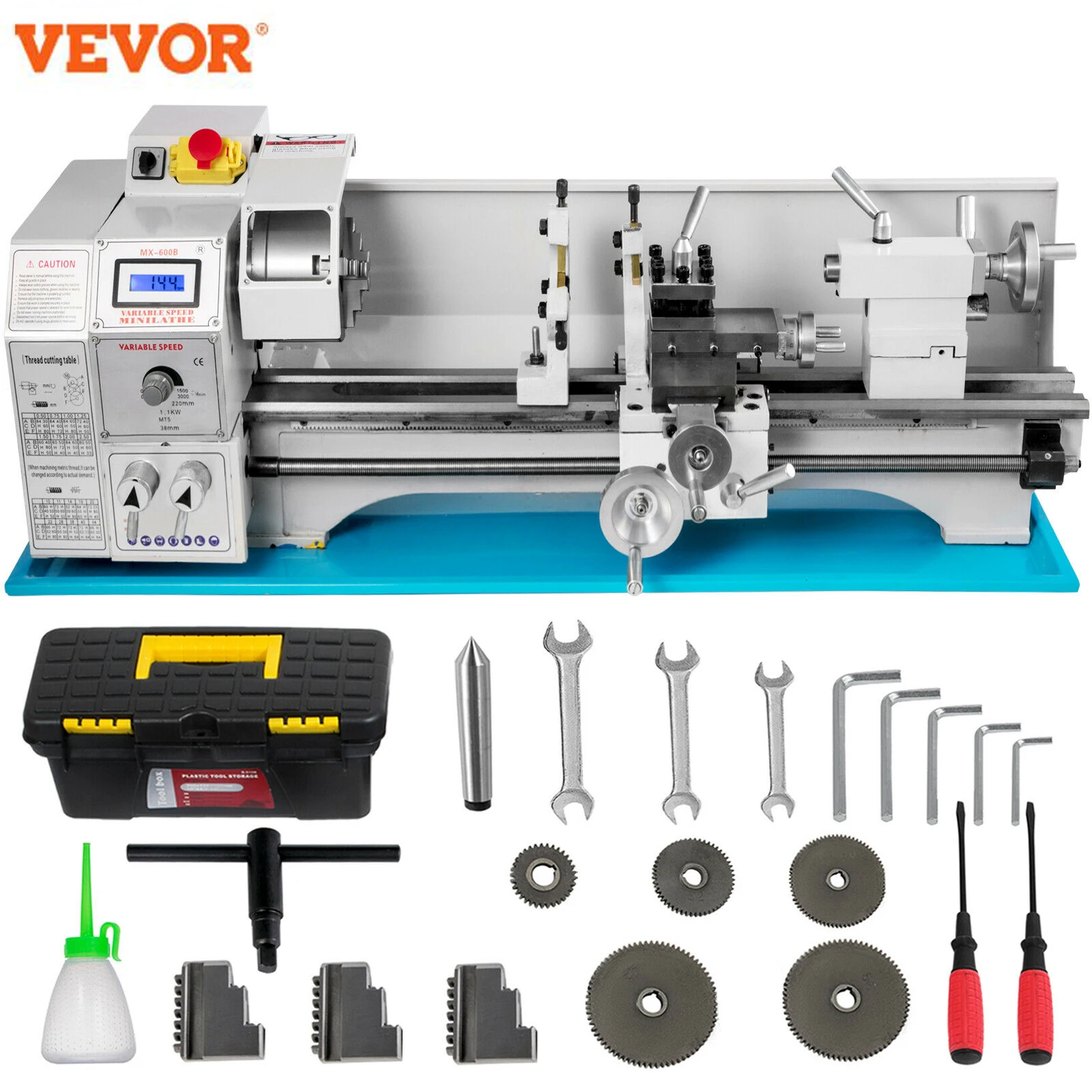 VEVOR Metal Lathe 1100W Spindle 38mm 125mm Chuck Making Metric Threads Inch Threads Variable Speed Lathe With Lathe Accessories