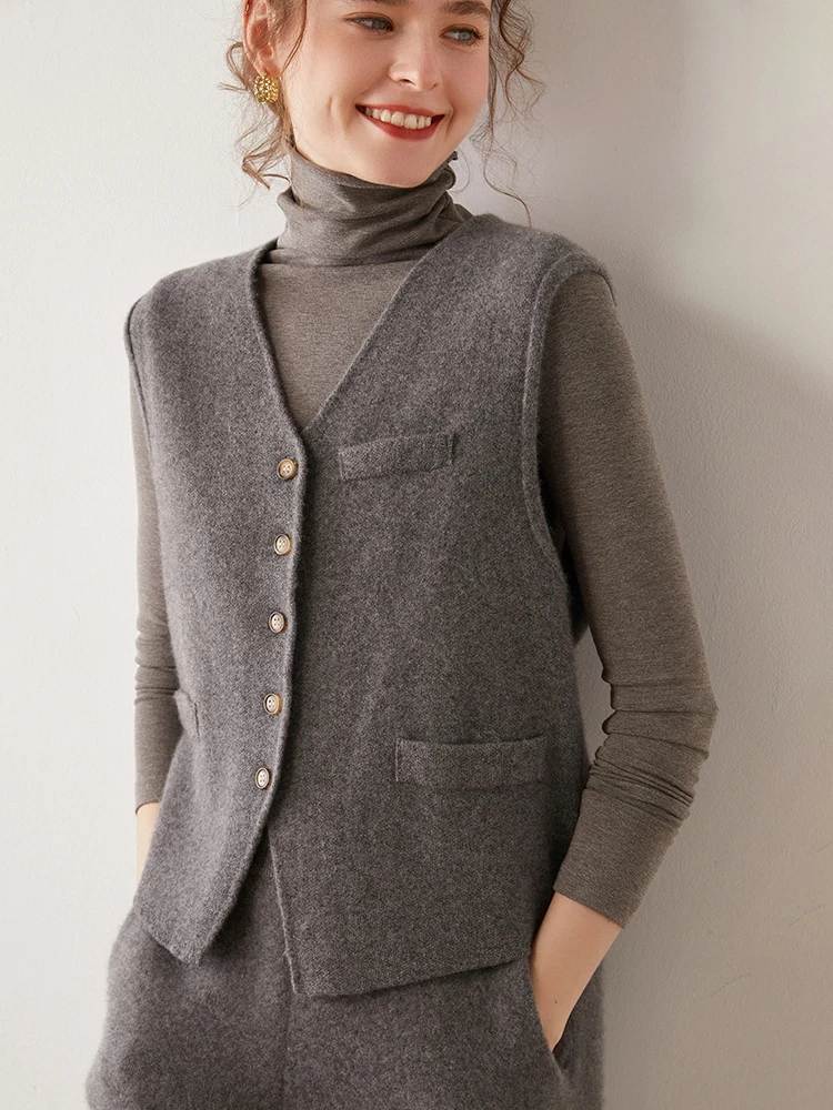 100% Pure Cashmere Knitted Cardigan Vest Autumn Winter Women V-neck Single Breasted Solid Elegant Neat Sleeveless Waistcoat