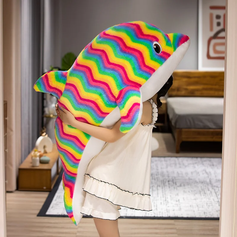 50-130cm Kawaii Cartoon Colorful Giant Dolphin Plush Doll Pillow Rainbow Marine Animal Soft Dolphin Plush Toy Home Decoration