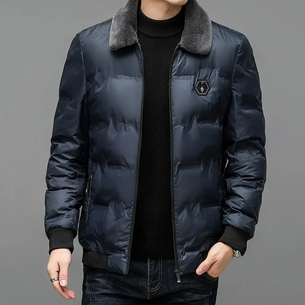 Men Jacket Smooth Windproof Thickened Padded Cold Resistant Loose Plus Size Faux Fur Lapel Sleeve Pockets Mid Length Down Coat