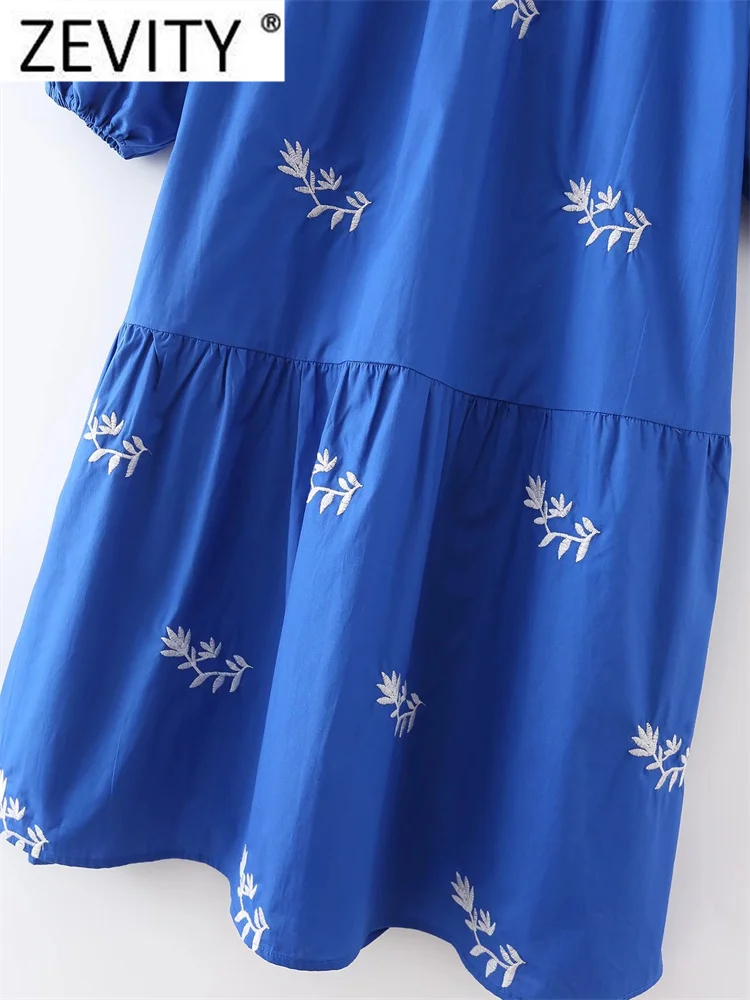 Zevity Women Fashion Floral Embroidery Casual Pleats Blue Midi Dress Female Stand Collar Three Quarter Sleeve Vestidos DS1805