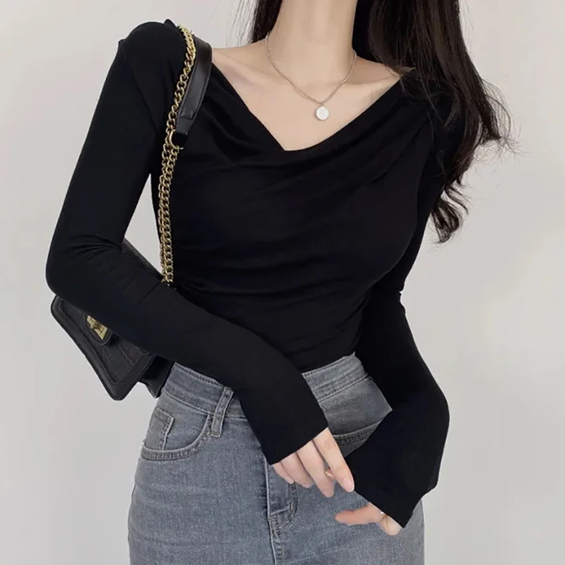 T-Shirts 2023 Autumn Elastic Crop Tops Women T Shirt Cotton Womens Clothes Slim Long Sleeve Tee Shirt Femme Camisetas De Mujer