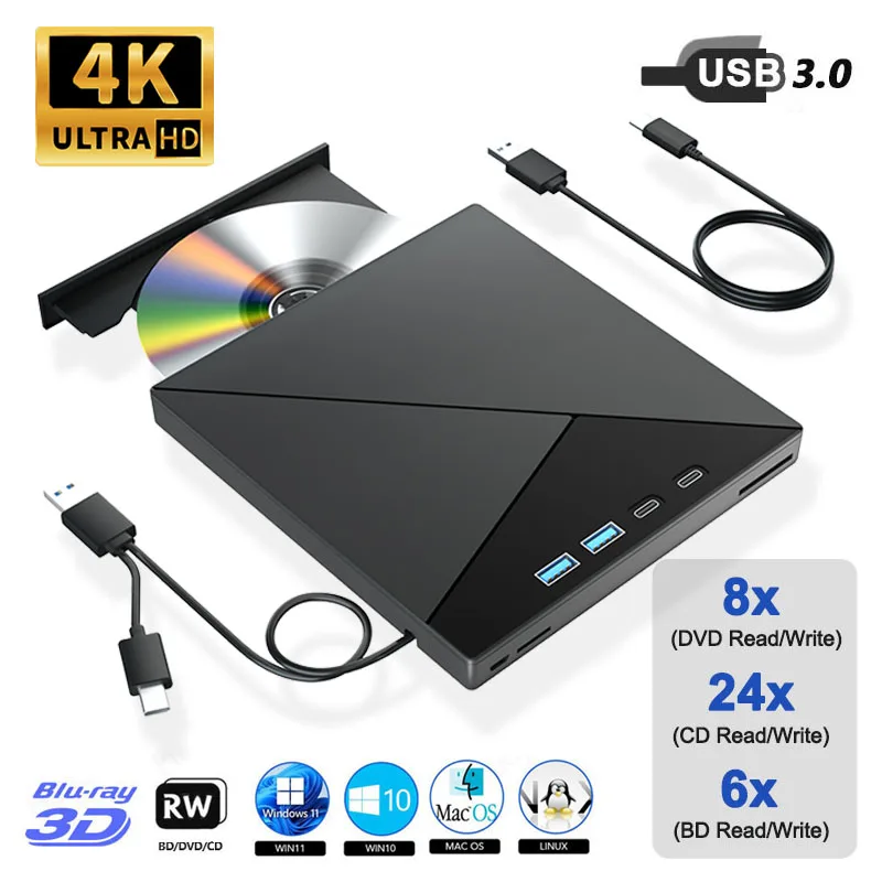 

External 4K Blu-ray Optical Drive Portable CD DVD +/-RW Player for Laptop PC Bluray Burner with USB 3.0 Type-C SD TF Card Slots