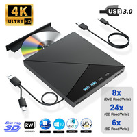 External 4K Blu-ray Optical Drive Portable CD DVD +/-RW Player for Laptop PC Bluray Burner with USB 3.0 Type-C SD TF Card Slots