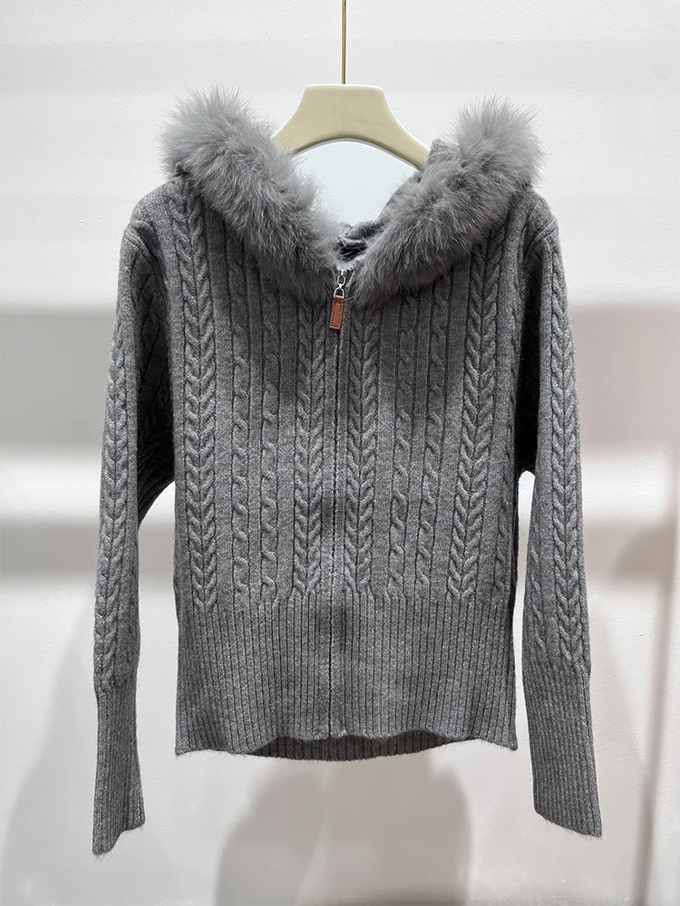 

Весенне-осеннее женское пальто из натурального лисьего меха, свитер из лисьего меха в полоску, сшитый топ, украшение, свитер с капюшоном, верхняя одежда, женские пальто