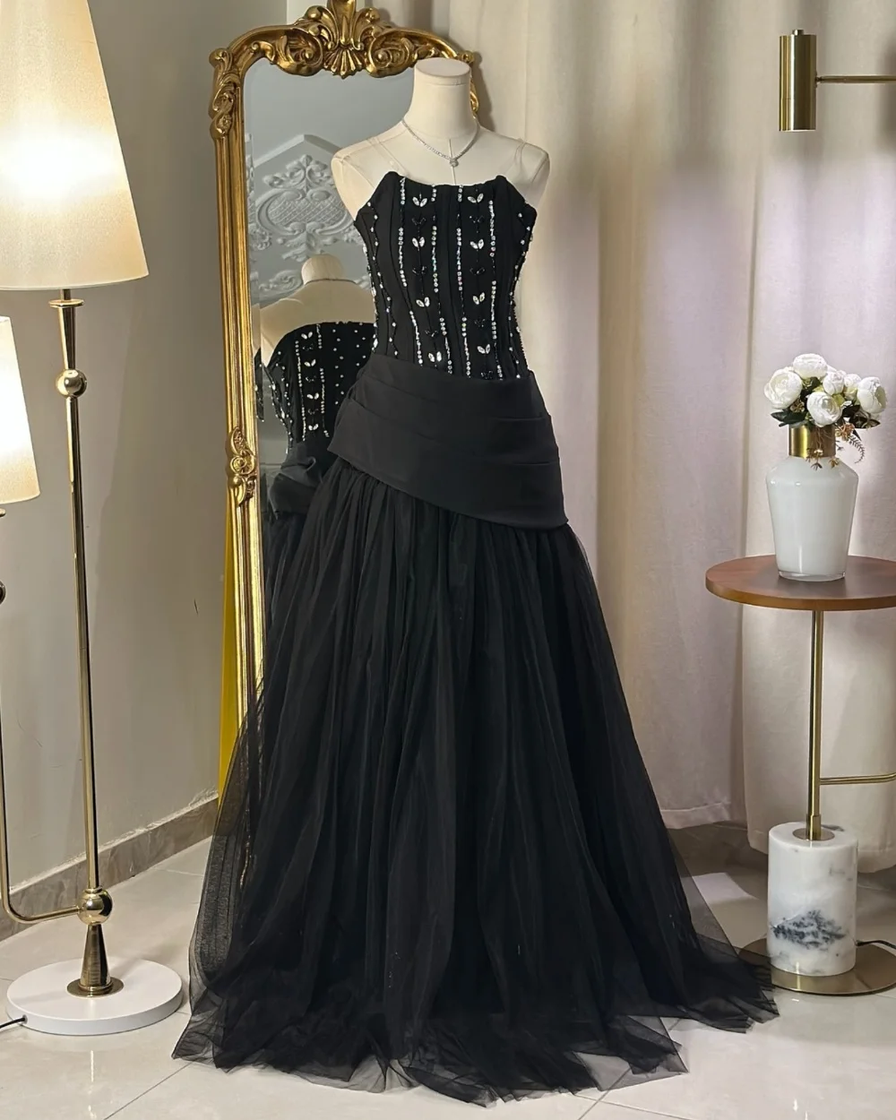 

Customized Matching Net Pleat Sequined Pattern A-line Strapless Long Dresses Bespoke Occasion Prom High Quality