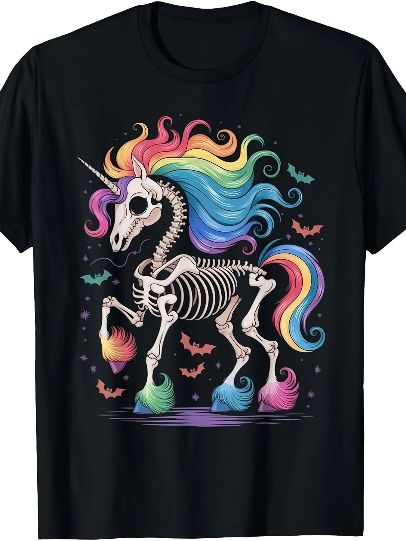 Men'S Plus-Size Vibrant Unicorn Skull Graphic T-Shirt -- Featuring a Fantastical Black Background Design Adorned with a Rainbow-Colored Unicorn Skull, Rainbow Mane And Tail, Along with Ghostly Halloween Bats And Star Elements, Plus Size