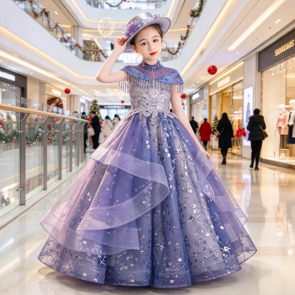 Girls Puffy Tulle Princess Party Dress Flower Wedding Pageant Gown Children  Birthday Girl Piano Performance Evening Party Host