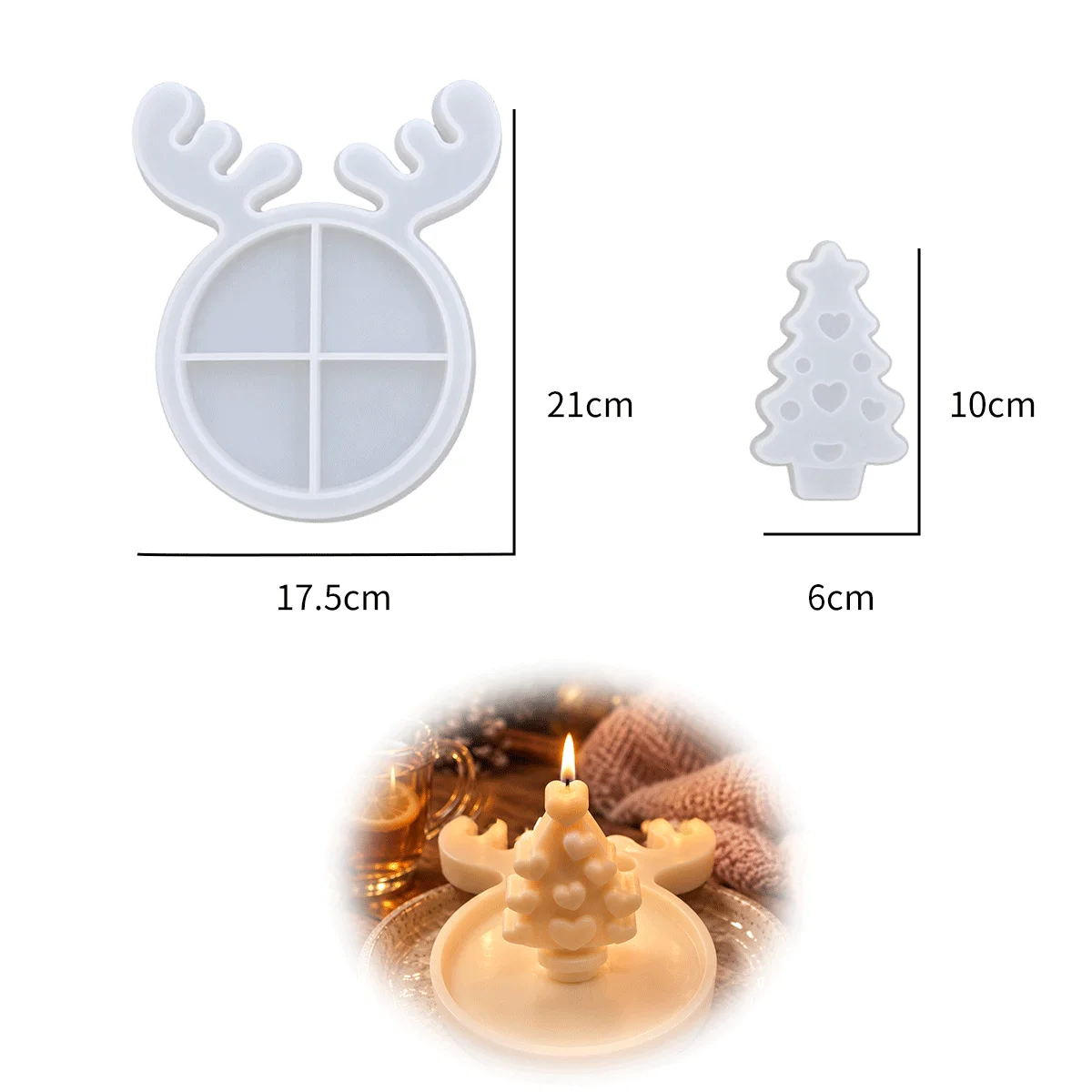 Reindeer Antler Tray & Heart Christmas Tree Silicone Mold Set, Xmas Candle Mould for Soy Wax Candle, Epoxy Resin, Plaster, view 6