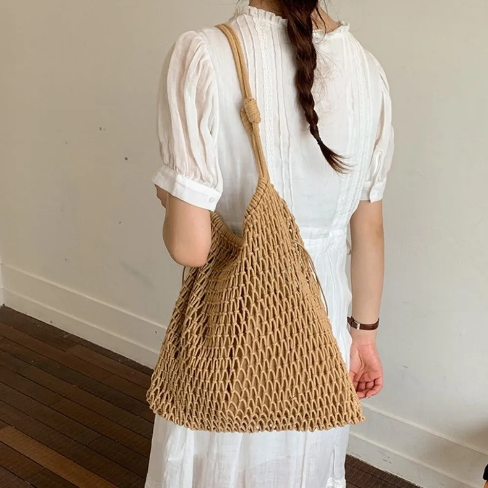 New Large Capacity Woven Tote Bag Hollow Out Bohemian Mesh Shoulder Bag Breathable Cotton Crochet Mesh Bag Summer