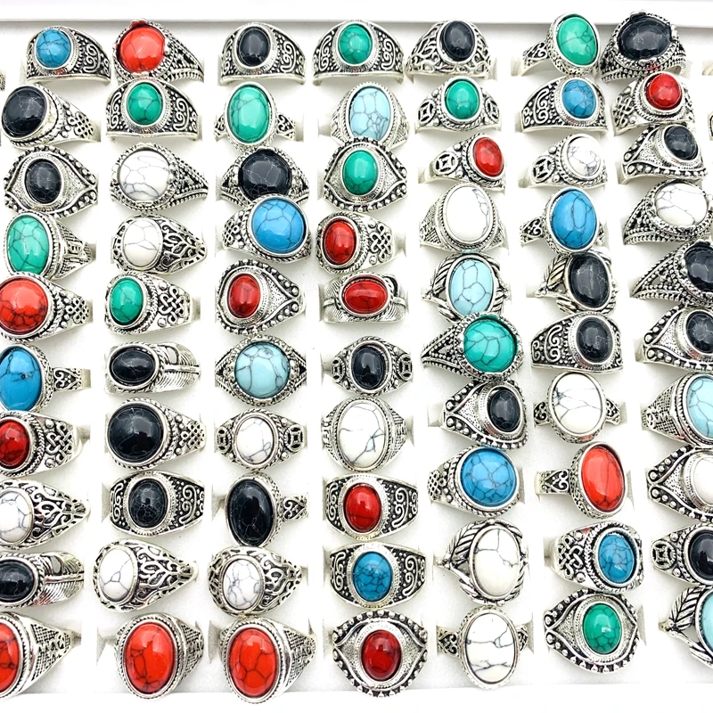 

50PCs Retro Stone Rings For Men and Women Antique Silver Plated Carved Pattern Mix Styles Ethnic Vintage Jewelry Wholesale