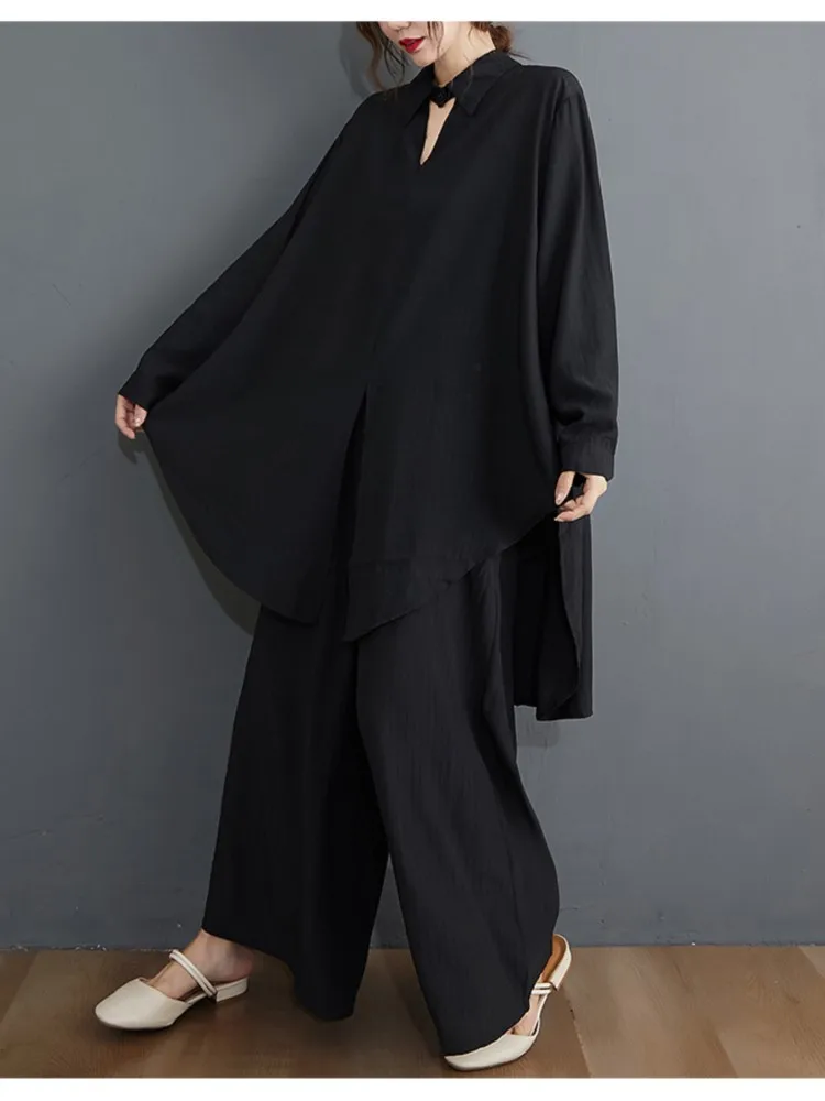 Oversized Autumn 2 Two Piece Set Women Long Sleeve Loose Modis Pleated Irregular Ladies Blouses Casual Wide Leg Woman Pants 2024