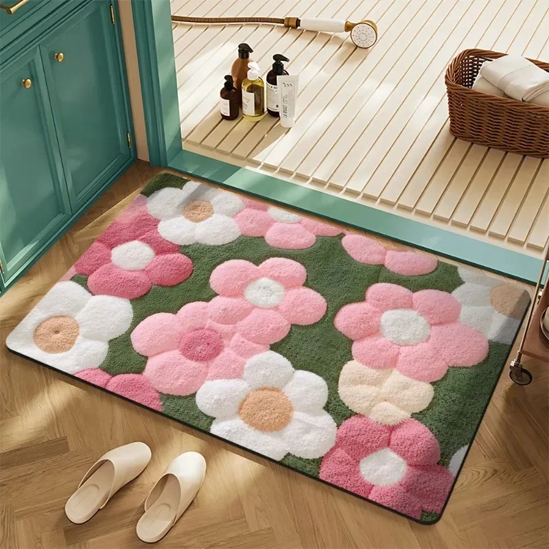 VIKAMA 3D Flocking Pink White Flower Anti-slip Bath Mat Soft Water Absorbent Cute Floral Bathroom Entrance Decor Floor Rug