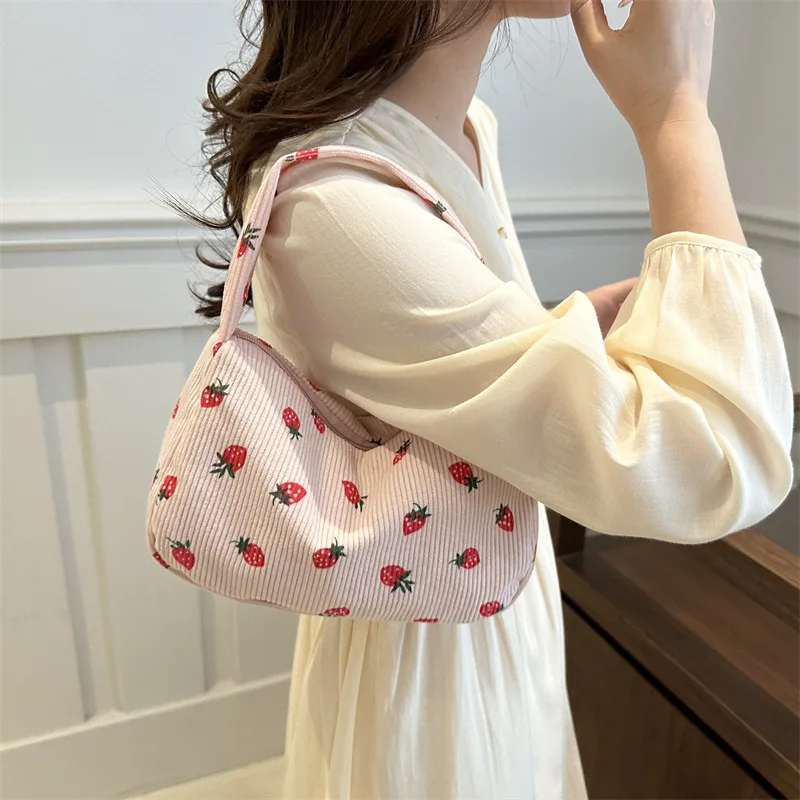 Cute Strawberry Pattern Underarm Bag Vintage Corduory Women Handbags Casual Hobos Shoulder Bag Simple  Small Tote Purses 2024