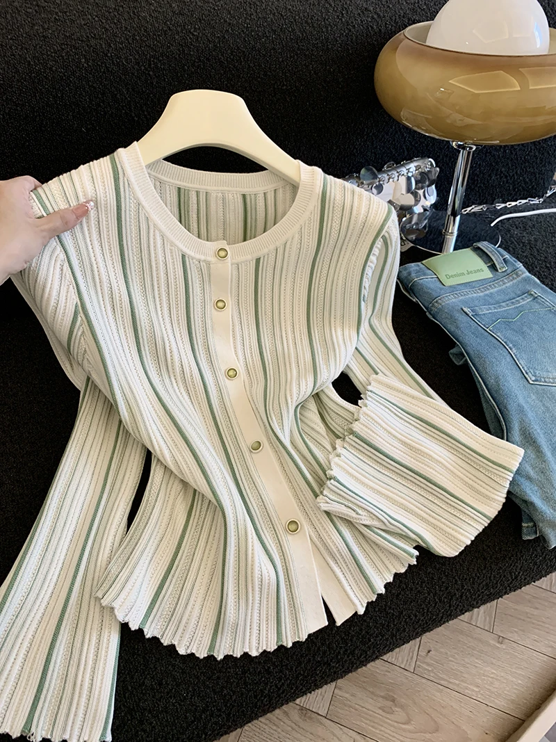 Autumn New Women's Striped Long Sleeve Knit Cardigan Sweater Fit Shoulder Short Crop Open Front Knitwear Top Coat