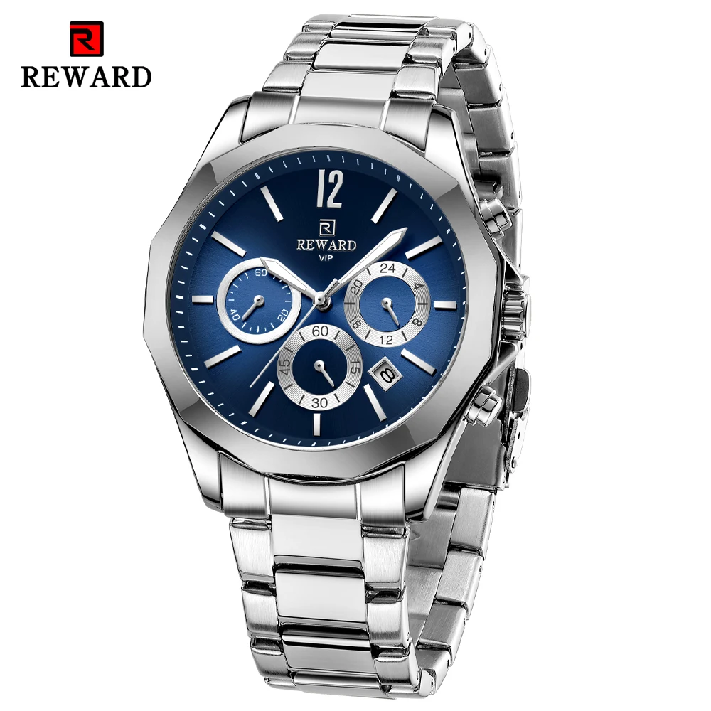 

REWARD Business Chronograph Mens Watches Date Waterproof Quartz Luminous Men Wristwatch Stainless Steel Blue Dial Clock