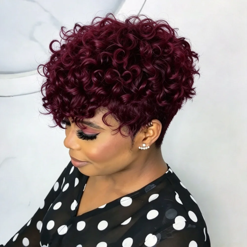 Pixie Curly Human Hair Wig 200% Density Short Curly Wigs for Women Burgundy Natural Look Hair Pixie Full Machine Made Wig