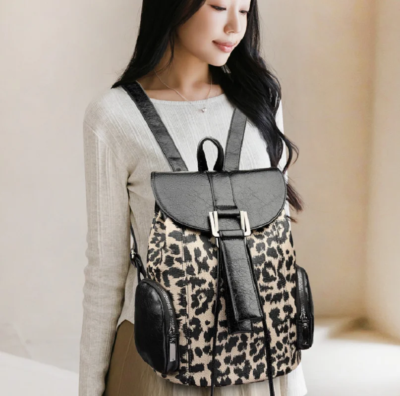 Korean Luxury Fashion Leopard Print Retro Soft Leather Shoulder Bags Women's High Capacity Travel Backpacks Notebook School Bag