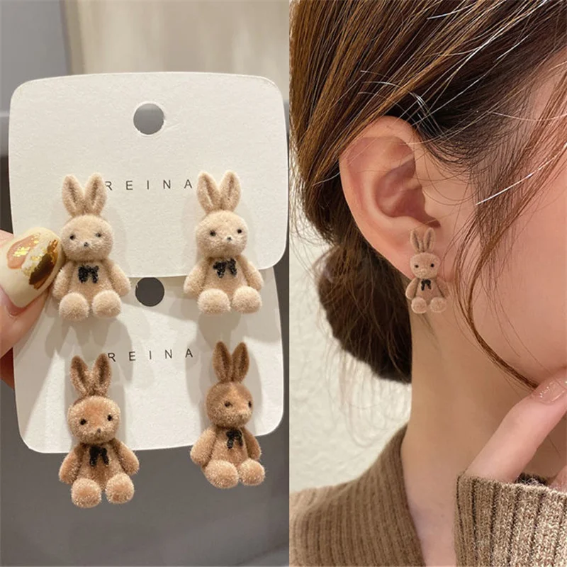 

Sweet Cute Flocking Plush Bow Rabbit Stud Earrings For Women Korean Fashion Animal Earrings Jewelry Party Girls Gift