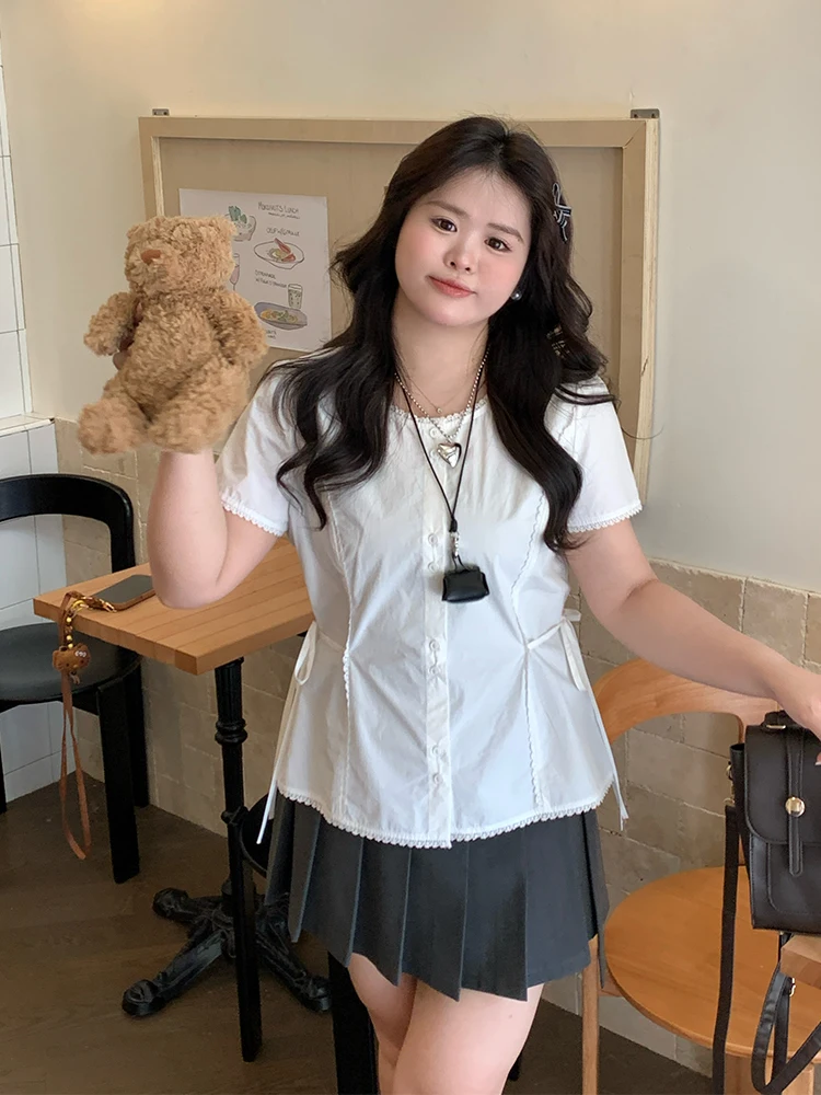 

plus Size ort Sve irt Women's Summer Slimming Top Waist-Cinching Korean Sle Cotton Blend Regular Fit Color