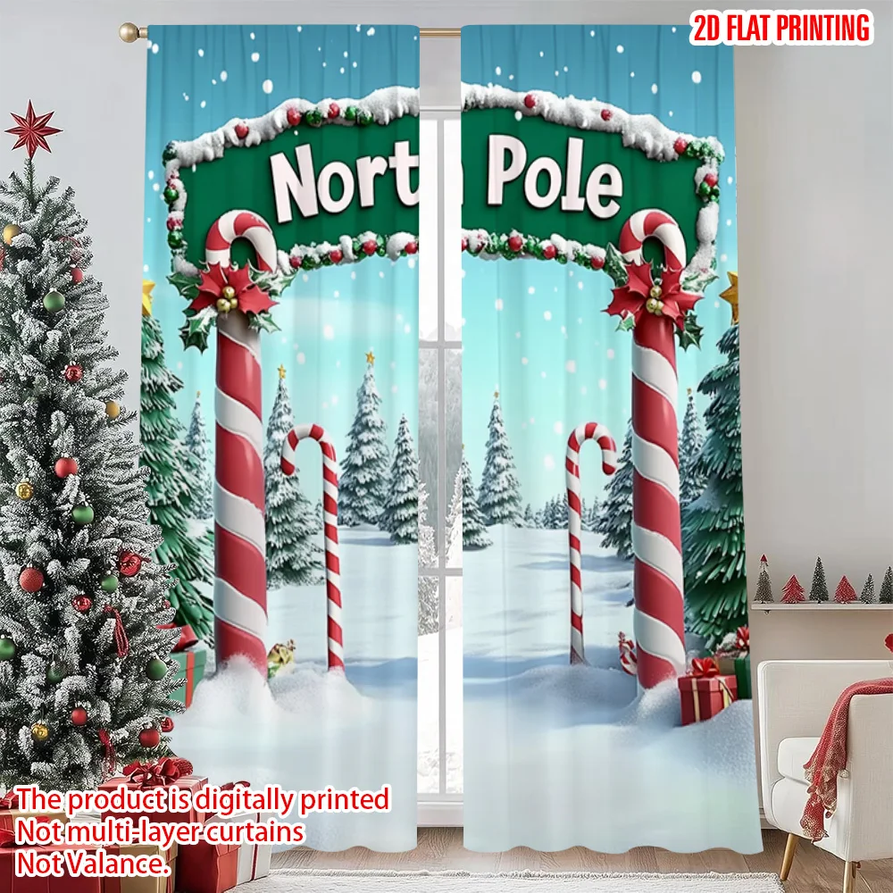 

2pcs 2D flat printing Christmas Scene Curtain Snow scene with candy cane Versatile Durable Polyester Without Electricity Spring