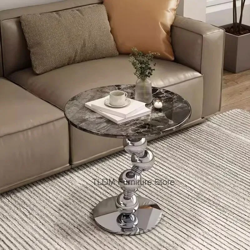 Stylish Modern Metal Luxury Round Ball Side Chrome Table Marble Base Pattern Tabletop Accent Table for Living Room Home Decor