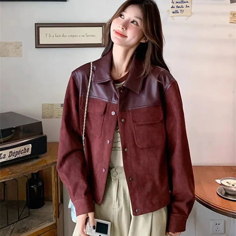 Emenda jaqueta de couro superior feminino casaco de couro do plutônio 2025 outono nova imitação feminina pele de veado retalhos jaquetas de couro