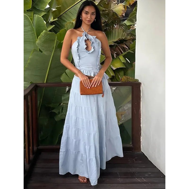 

BKQU Chic Summer Women's Two Pieces Set Y2k Ruffle Sexy Halter Backless Cami Tops Lace Up Maxi Skirts Boho Holiday Beach Outfits