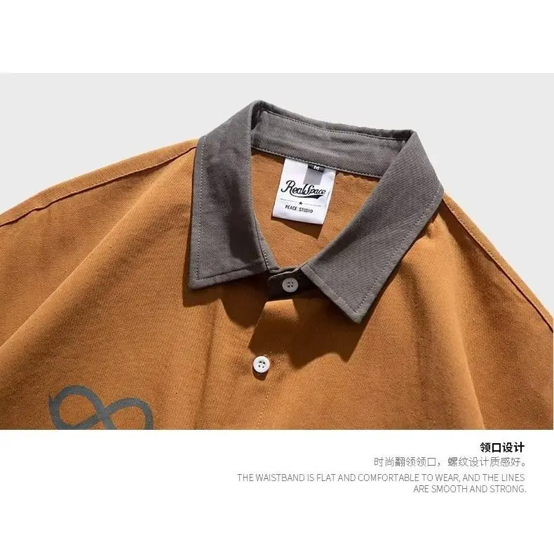 Summer American fashion brand Japanese retro color matching casual short-sleeved shirt loose men work wear hip-hop shirt fashion