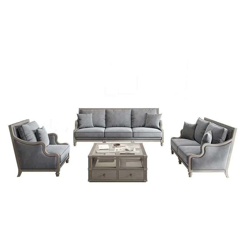 American light luxury living room solid wood sofa combination European large apartment villa model room retro ash wood furniture