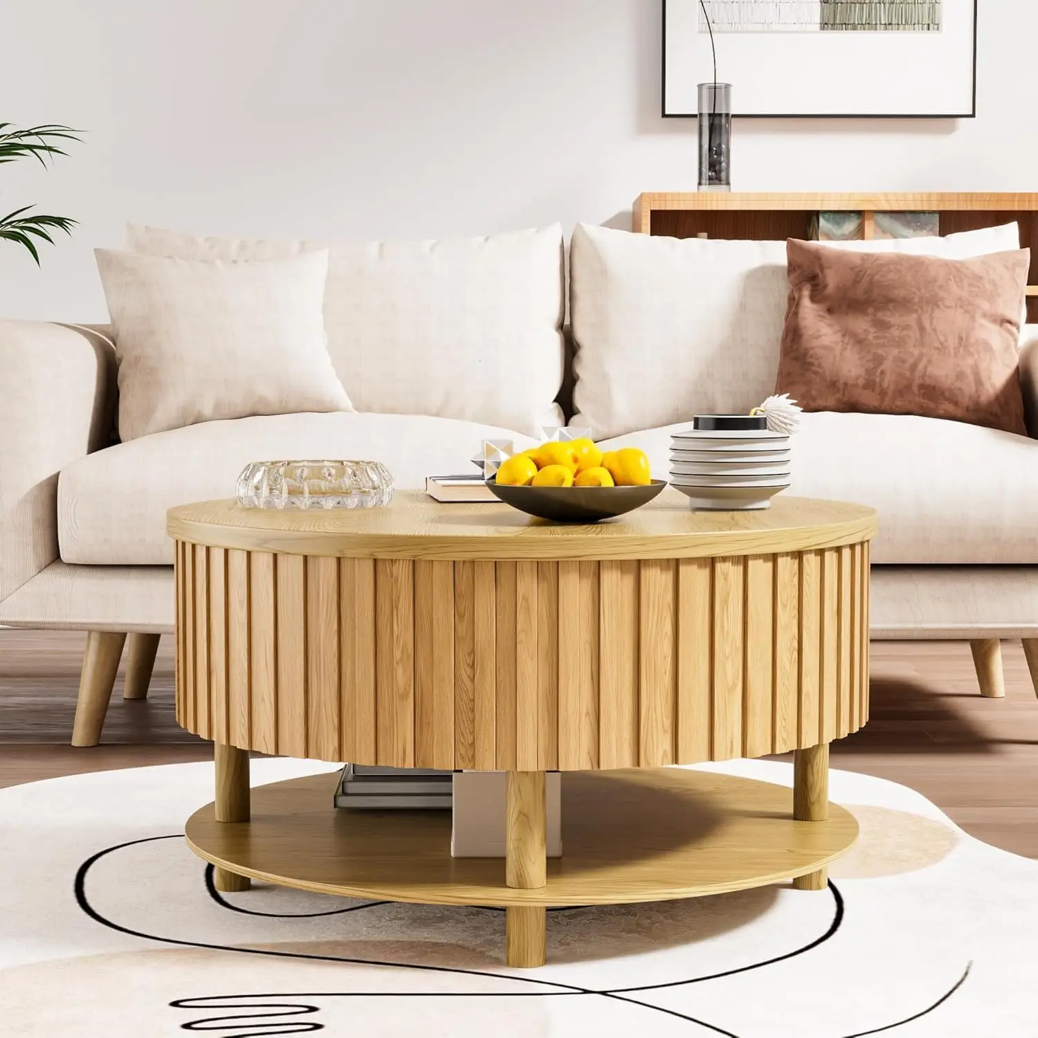 طاولة قهوة مستديرة قابلة للرفع مع مساحة تخزين، طاولة قهوة حديثة بطبقتين مقاس 31.5 بوصة مع مساحة تخزين مخفية ورف مفتوح، مركز مزمر Ta #4