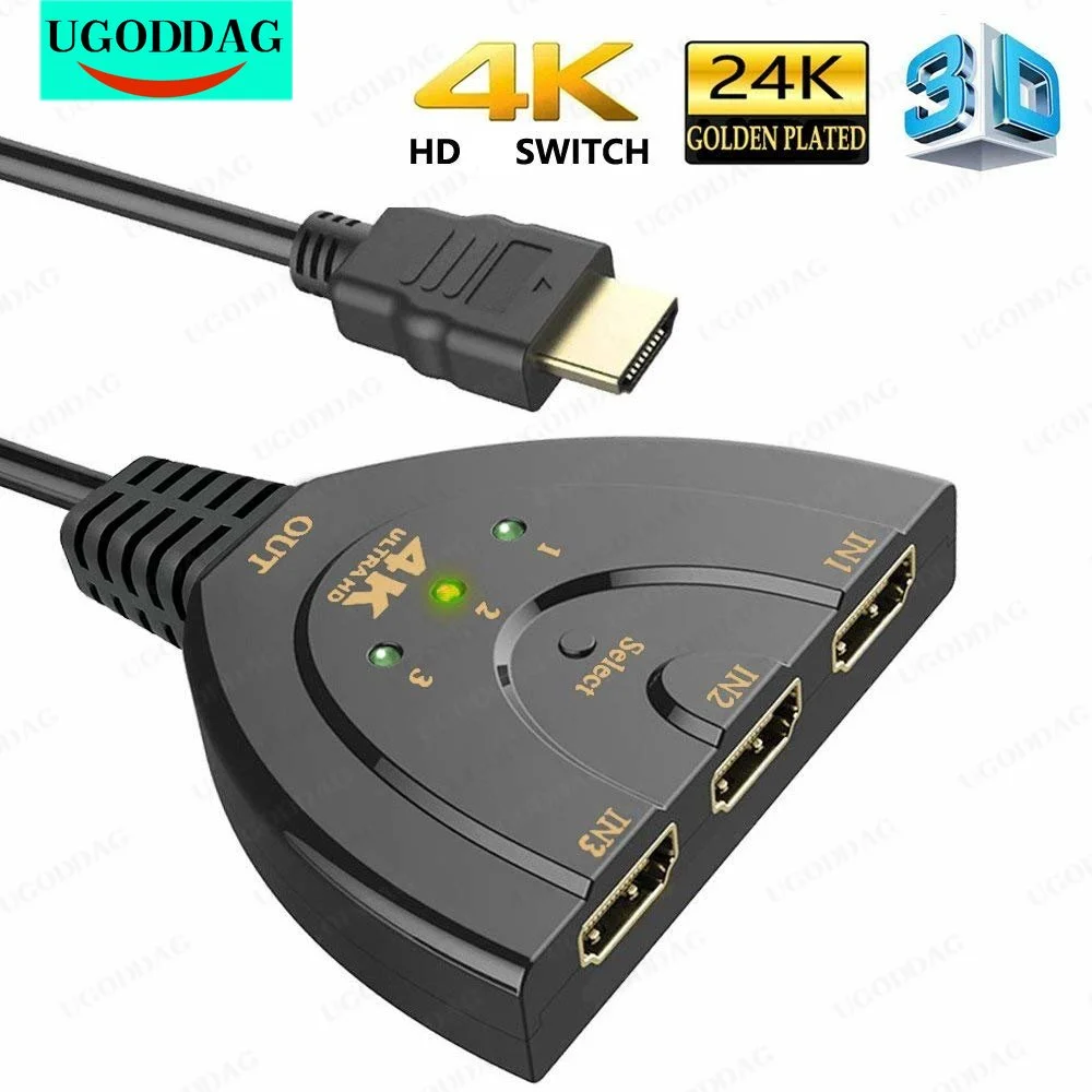 

HDMI-compatible Switch 3 Port 4K HD 3 in 1 Out with High Speed Switcher Splitter Pigtail Cable Supports Full 4K 1080P 3D Player